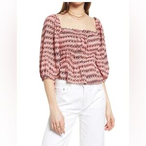Open Edit NWOT Shirring Detail Square Neck Top In Pink Peony Wave Geo Size S